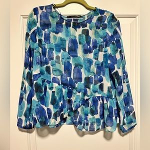 Zara Abstract print blue watercolor sheer blouse